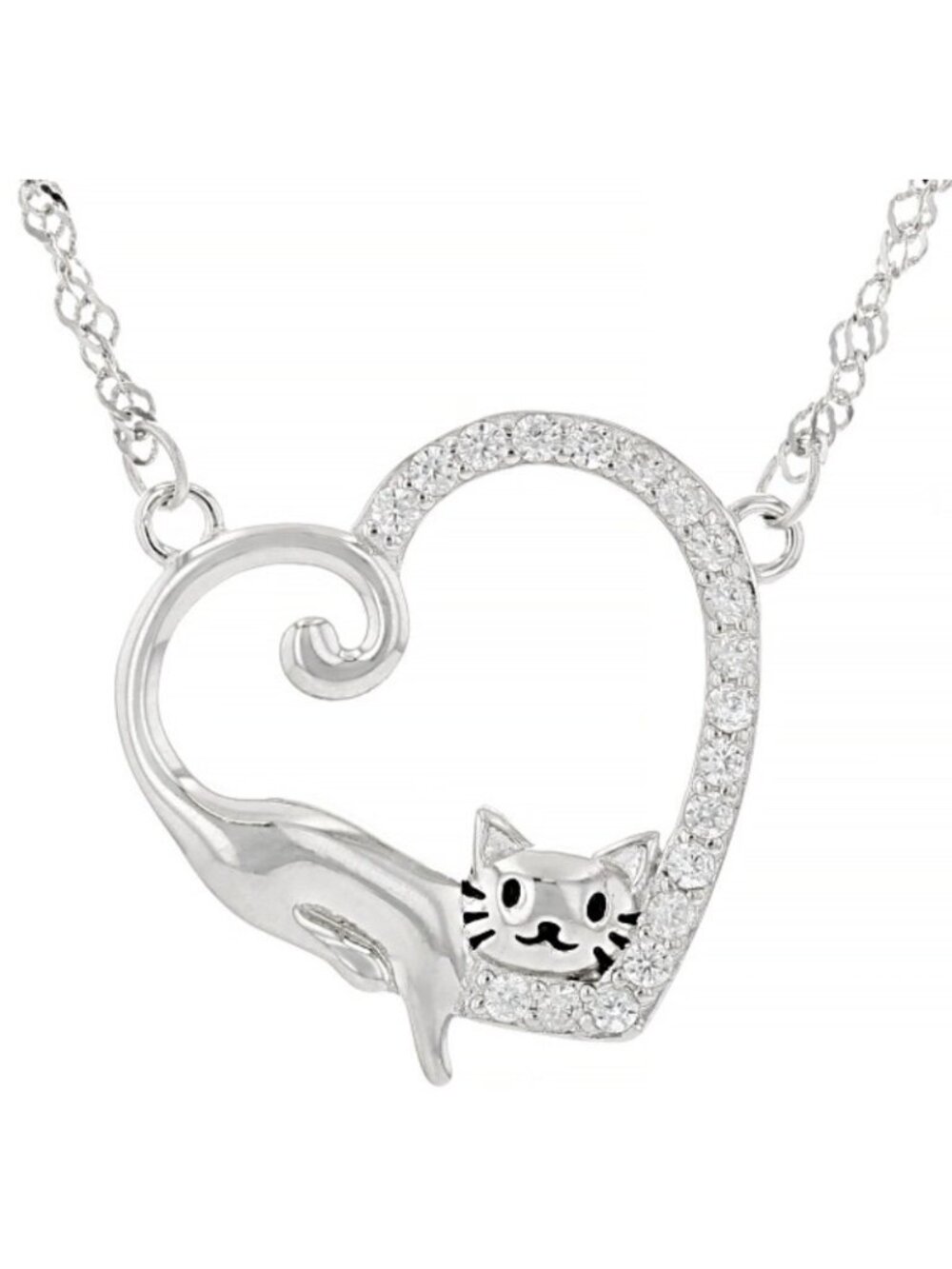 Sterling Silver Heart Kitty Cat White Cubic Zirconia Pendant 18" Necklace